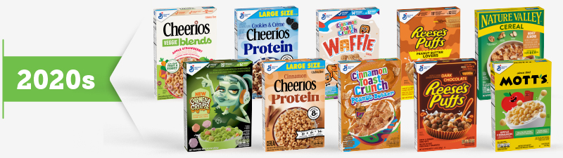 2020's General Mills debuted cereal boxes including Carmella Creeper, Cheerios Veggie Blends, Cheerios Protein, Cinnamon Toast Crunch Waffle, Cinnamon Toast Crunch Peanut Butter, Reese's Puffs Dark Chocolate, Reese's Puffs Peanut Butter Lovers, Mott's Apple Cinnamon Cereal, and Nature Valley Honey Almond Cereal. 