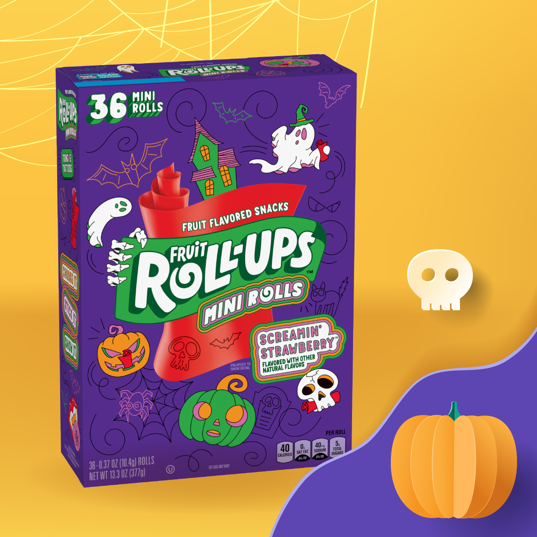 Fruit Roll-Ups Halloween Minis box displayed on a yellow and purple background with skull and pumpkin illustrations.