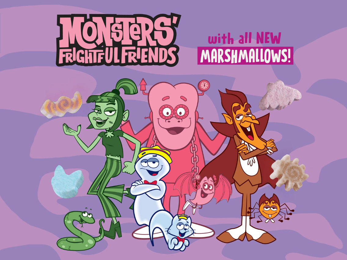 Promotional graphic for new Monsters’ Frightful Friends Cereal featuring illustrations of the iconic Monsters Cereal characters, including Carmella Creeper (a green zombie DJ) with her pet Scratch the Snake, Franken Berry (a pink Frankenstein) with his pet Bennie the Bat, Count Chocula (a brown vampire) with his pet Igor the Spider, and Boo Berry (a blue ghost) with his pet Meow Berry the Cat – alongside images of marshmallows mimicking the pet shapes. The background is purple with thematic decorations.
