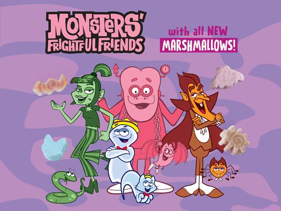 Promotional graphic for new Monsters’ Frightful Friends Cereal featuring illustrations of the iconic Monsters Cereal characters, including Carmella Creeper (a green zombie DJ) with her pet Scratch the Snake, Franken Berry (a pink Frankenstein) with his pet Bennie the Bat, Count Chocula (a brown vampire) with his pet Igor the Spider, and Boo Berry (a blue ghost) with his pet Meow Berry the Cat – alongside images of marshmallows mimicking the pet shapes. The background is purple with thematic decorations.