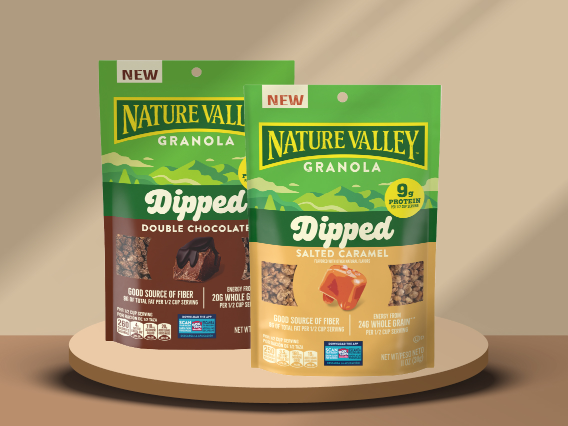 Packages of Double Chocolate and Salted Caramel Nature Valley Dipped Granola