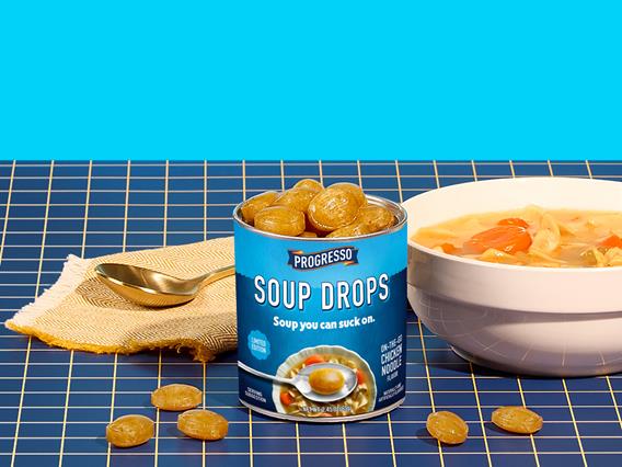 Progresso Soup Drops bring the flavor of classic Chicken Noodle Soup in a convenient hard candy drop.