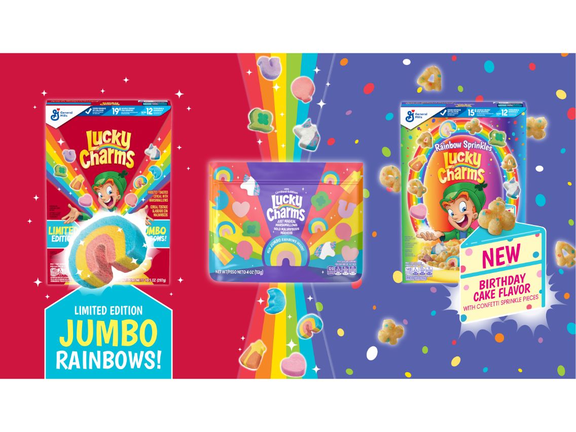 Lucky Charms Rainbow Sprinkles, Lucky Charms Jumbo Rainbow Cereal and Jumbo Rainbow Just Magical Marshmallows, available in retailers nationwide this spring