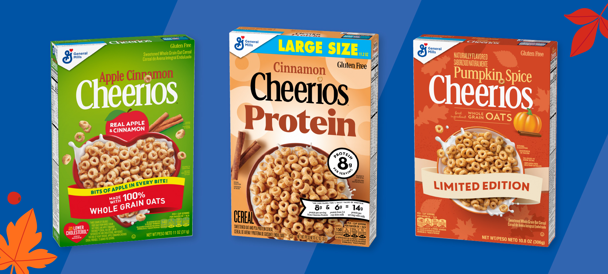 Apple Cinnamon Cheerios, Cinnamon Cheerios Protein, and Pumpkin Spice Cheerios